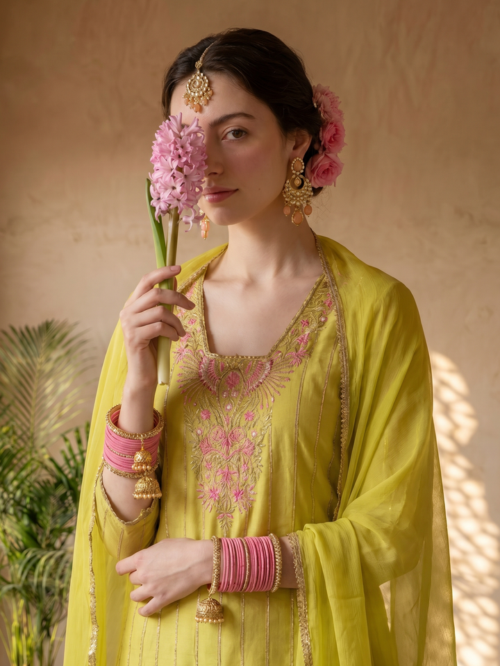Mustard chanderi suit set