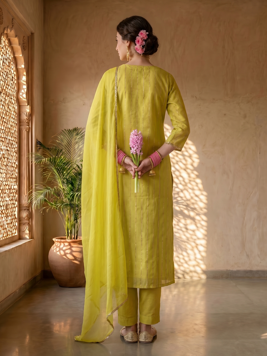 Mustard chanderi suit set
