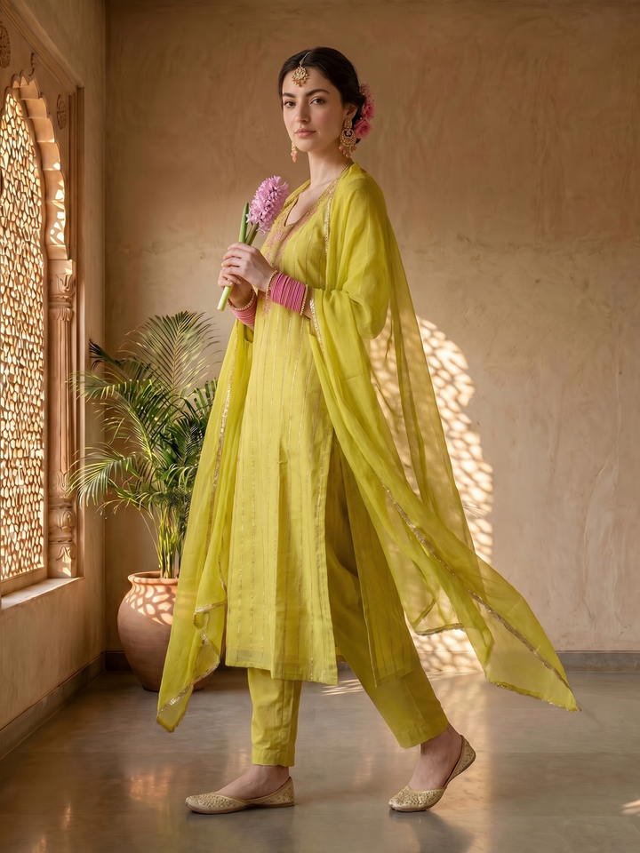 Mustard chanderi suit set