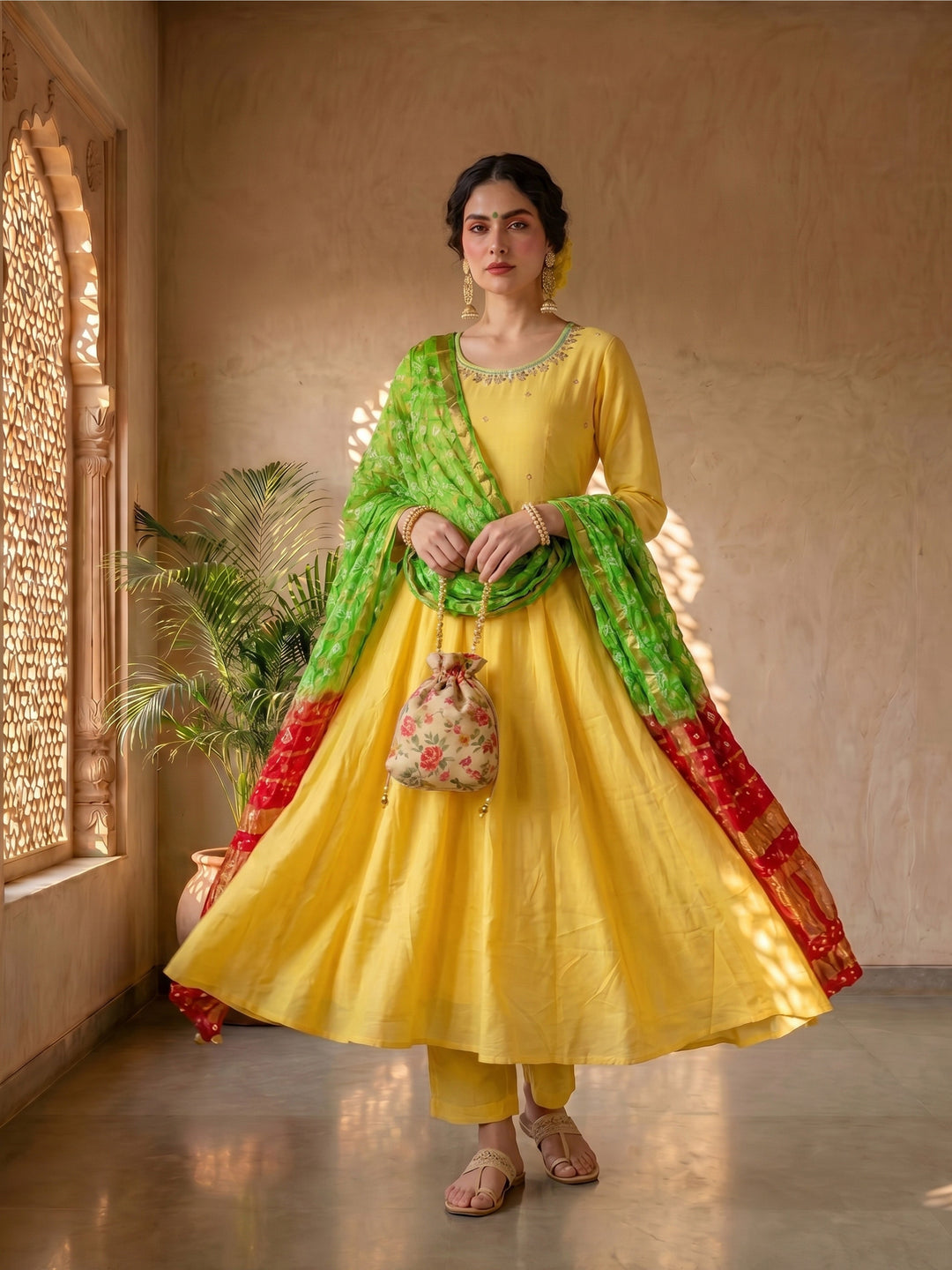 Yellow bandhej suit set
