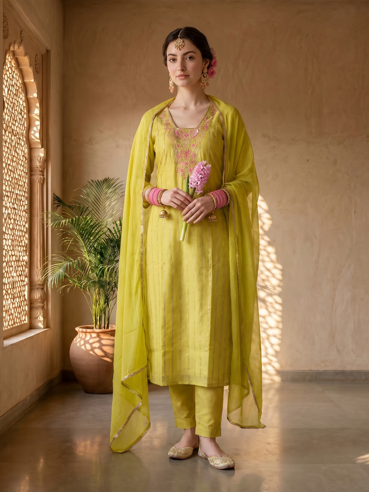 Mustard chanderi suit set