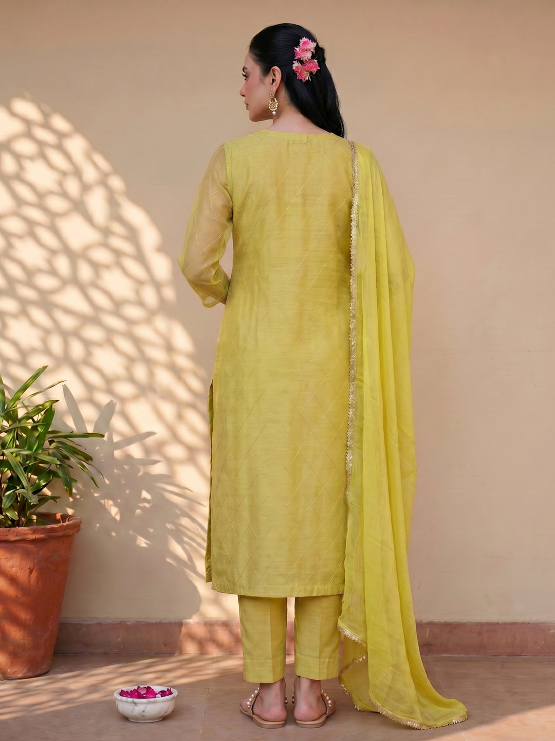 Mustard green chanderi suit set