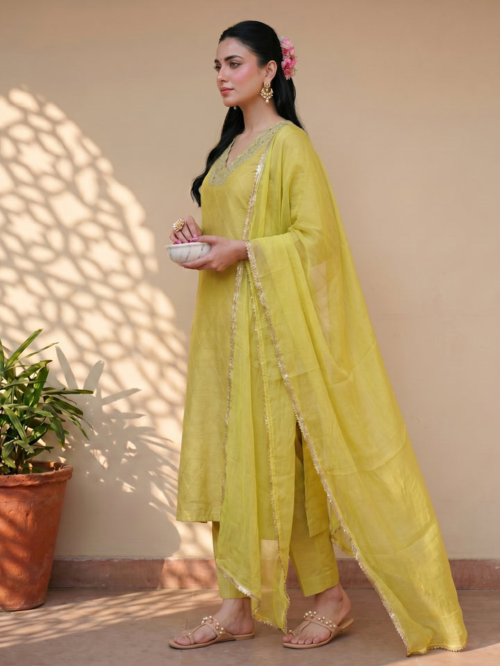 Mustard green chanderi suit set