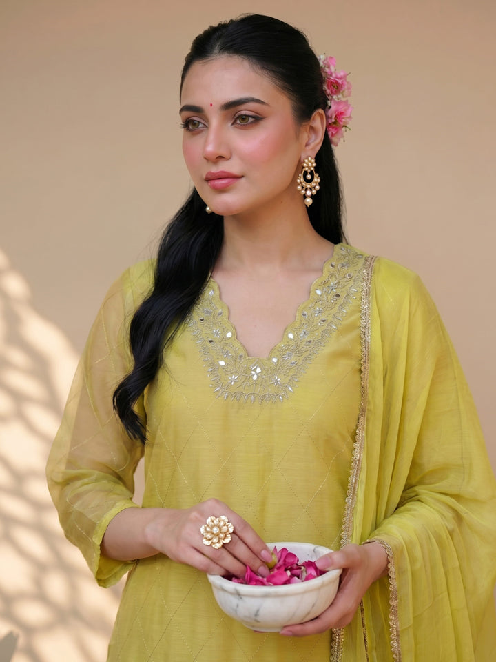 Mustard green chanderi suit set