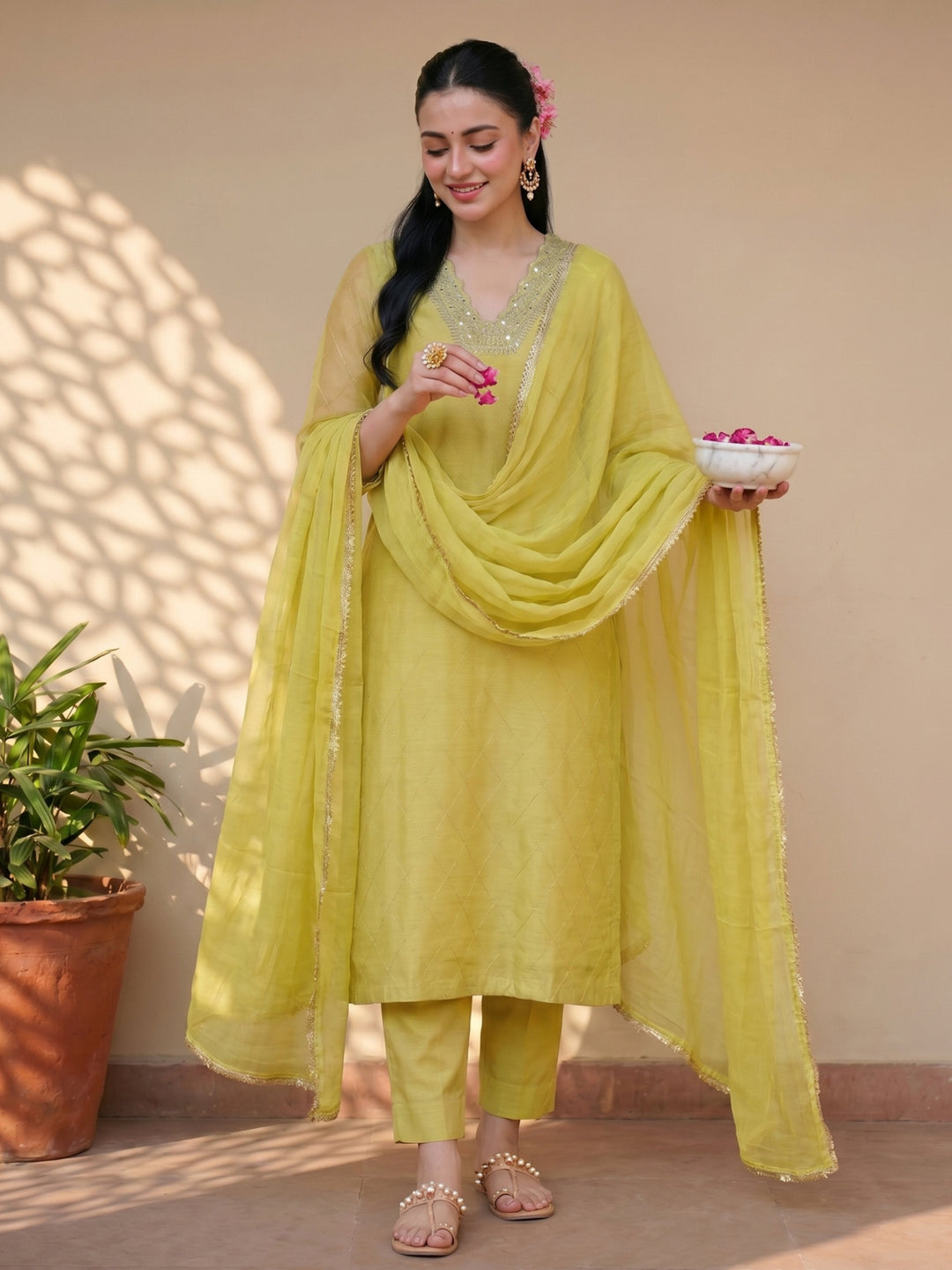 Mustard green chanderi suit set