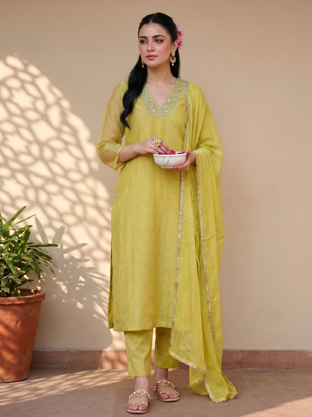 Mustard green chanderi suit set