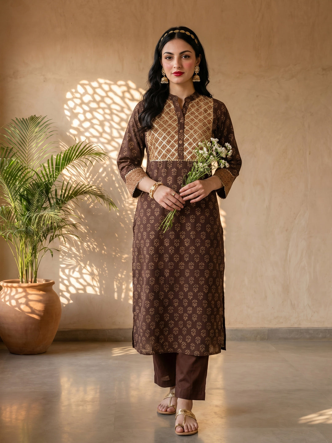 Gold foil straight kurta