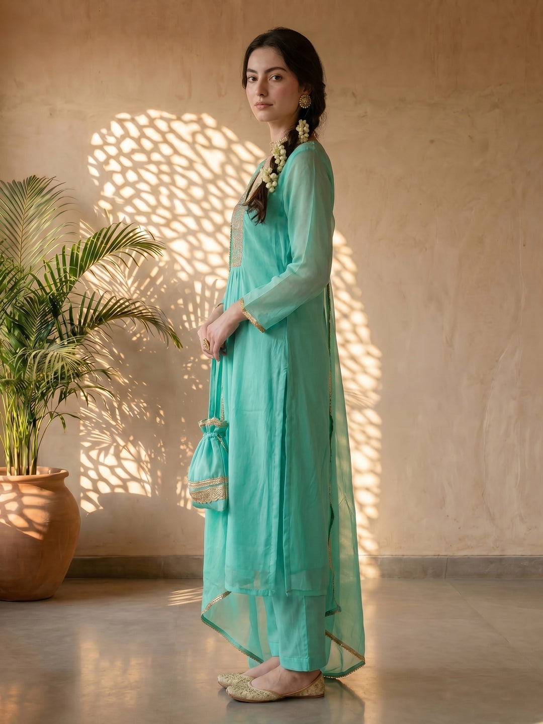 Turquoise crepe suit set