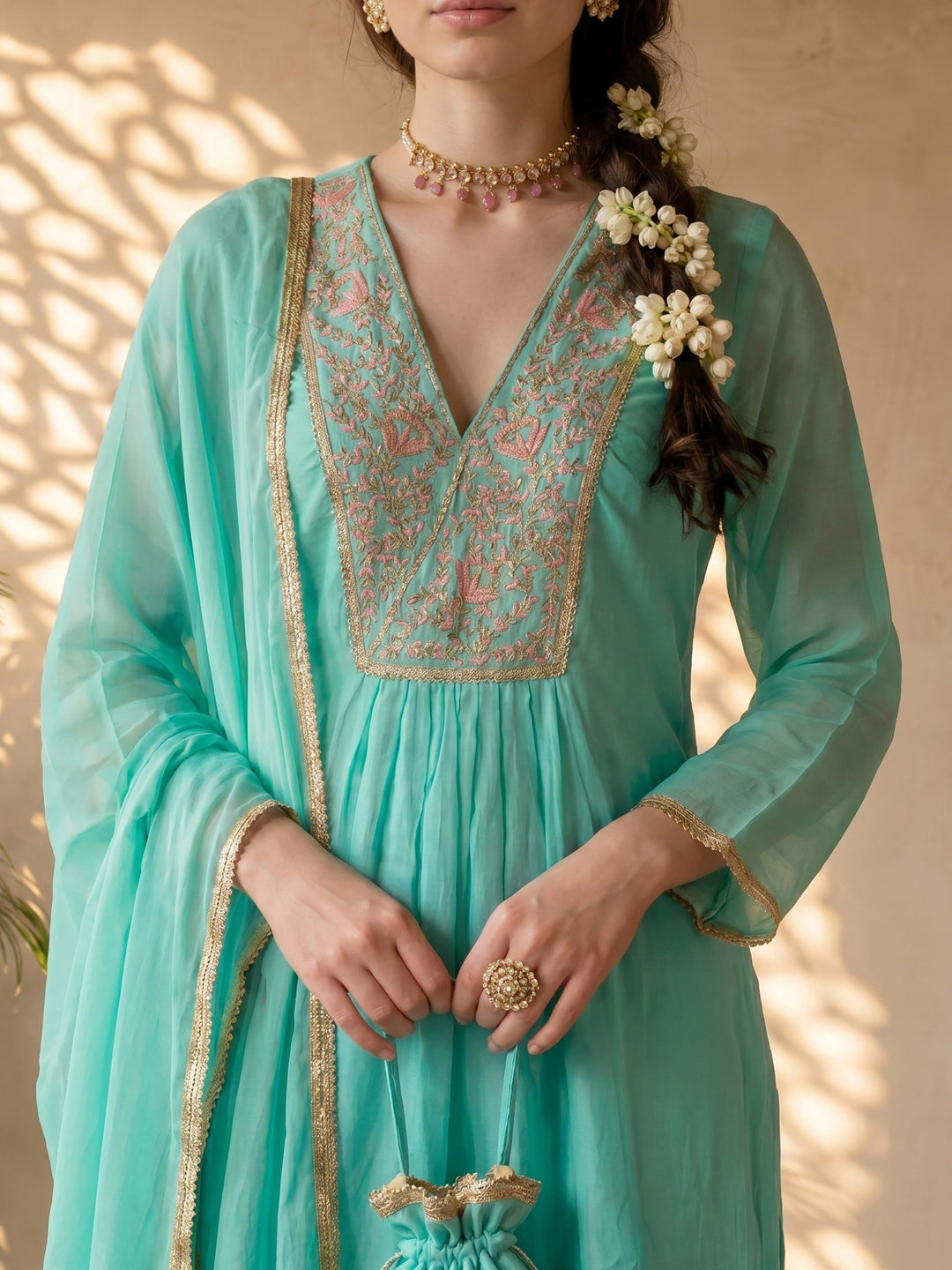 Turquoise crepe suit set