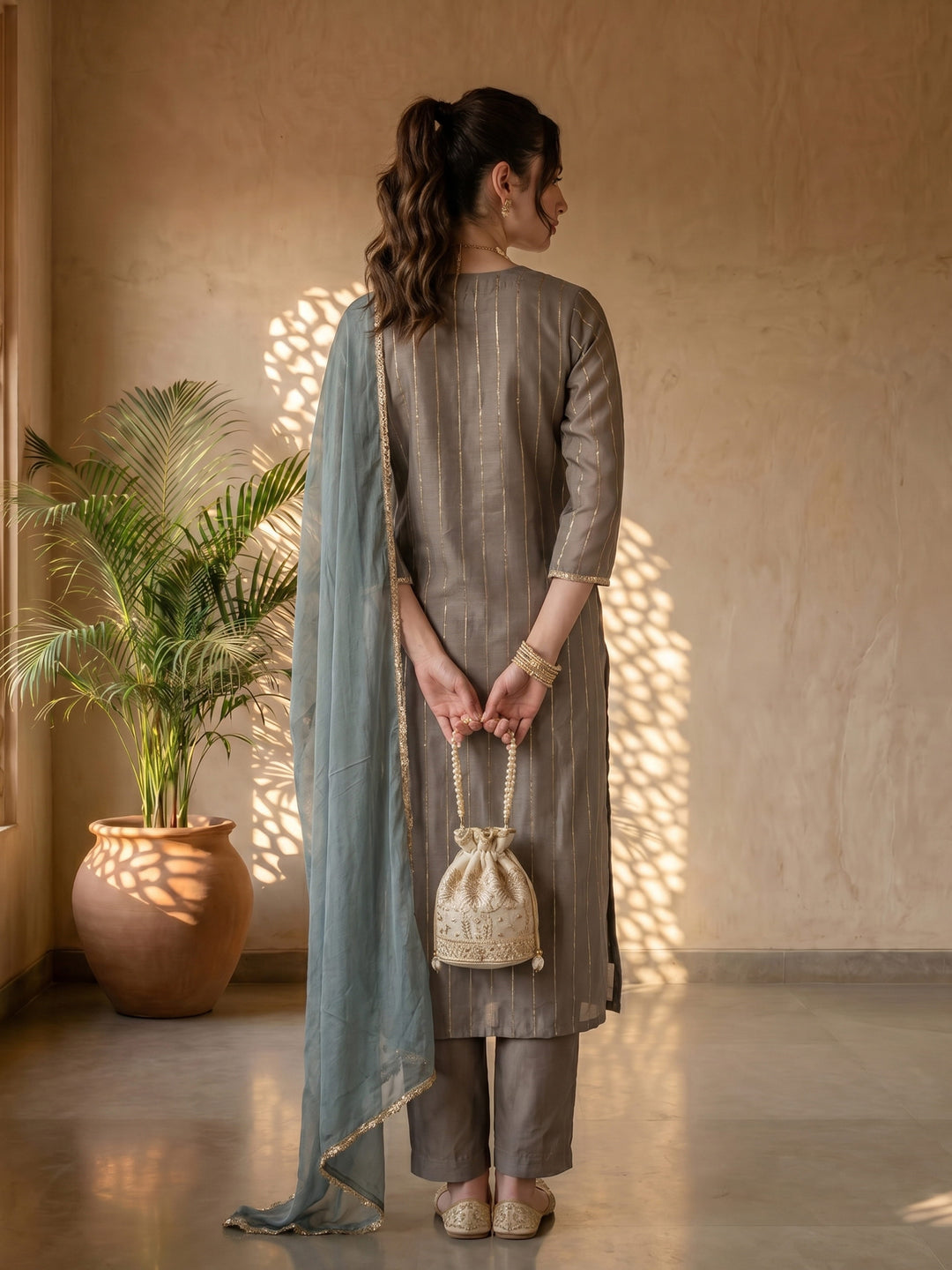 Grey chanderi embroidered suit set