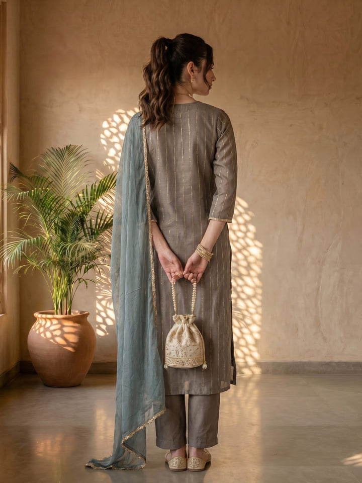 Grey chanderi embroidered suit set