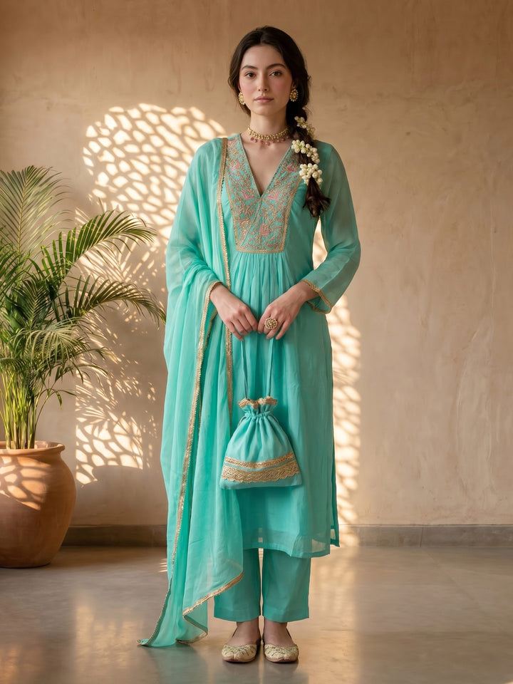 Turquoise crepe suit set