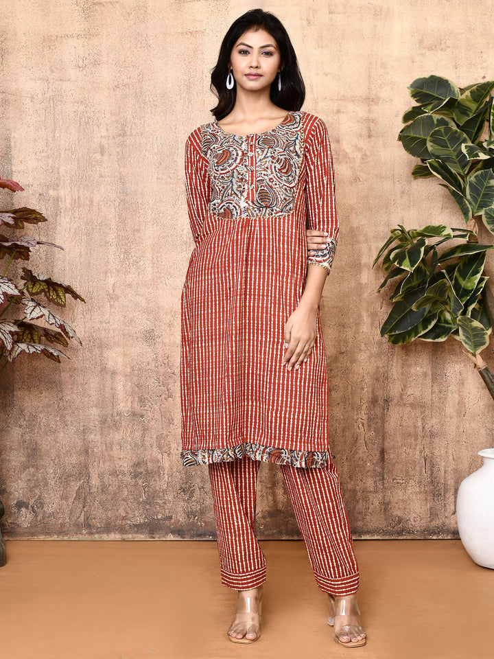 Aura-Red-Bagru-Cotton-Printed-A-Line-Kurta