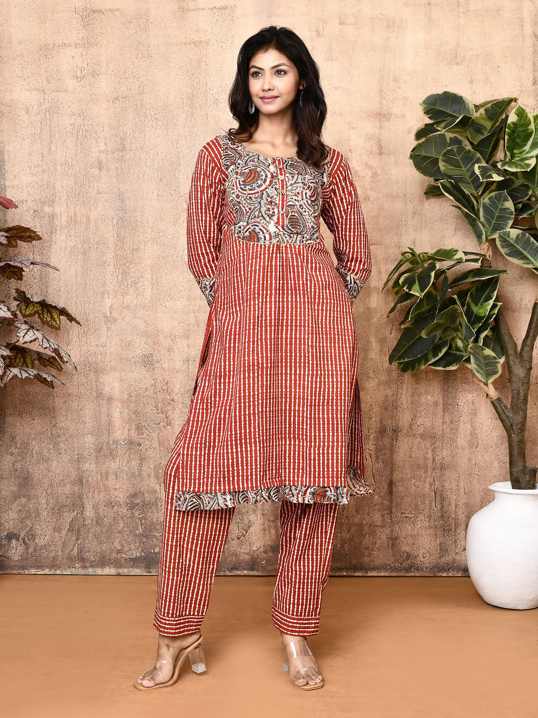 Aura-Red-Bagru-Cotton-Printed-A-Line-Kurta