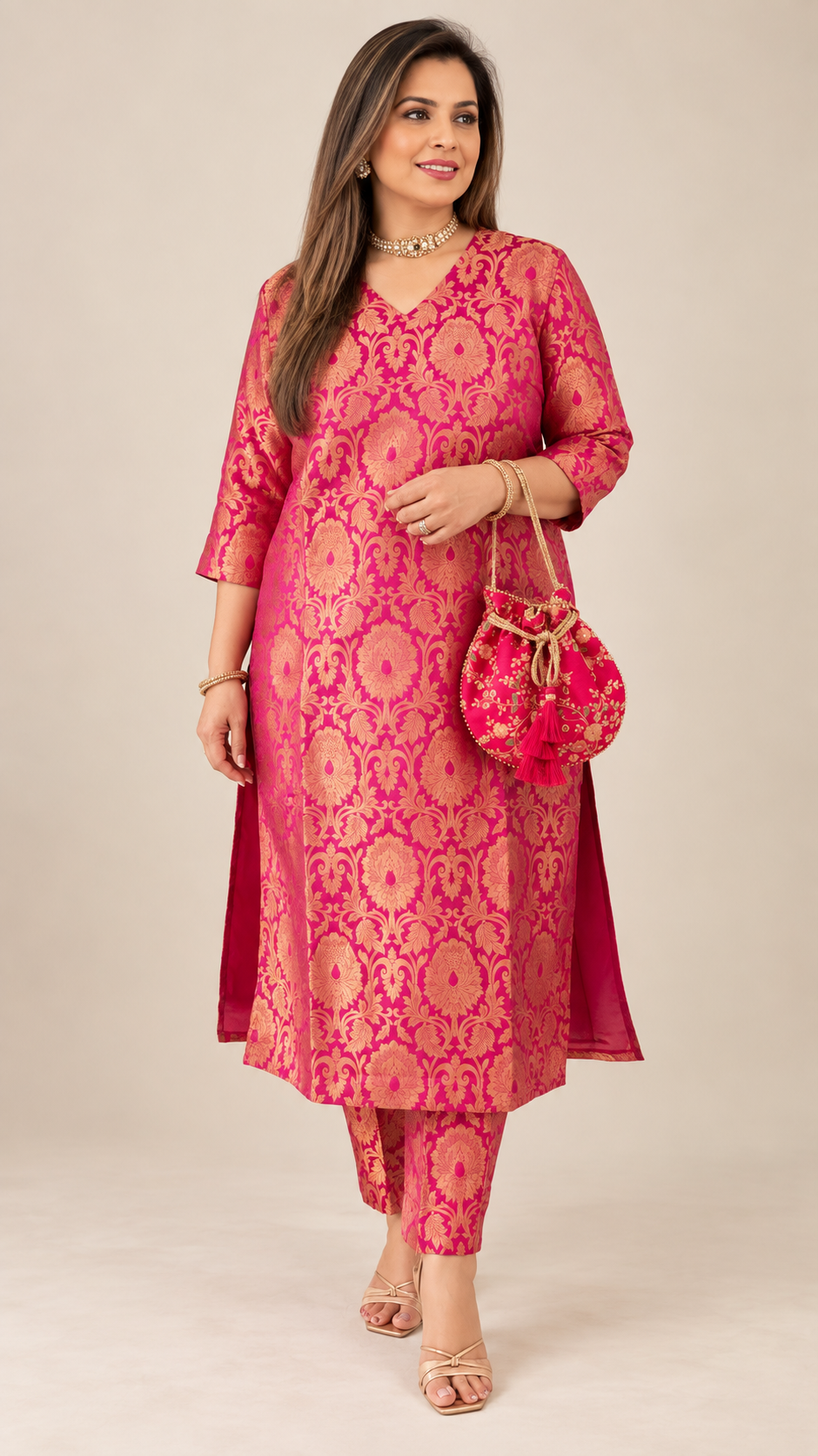 Rani Pink Benarasi Brocade Kurta Set