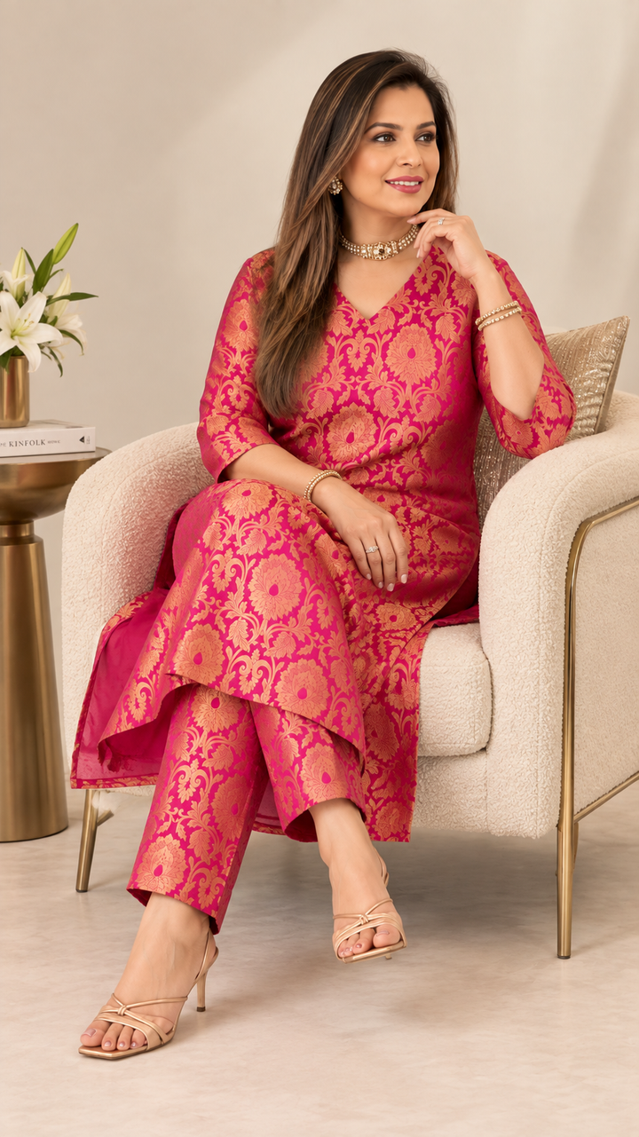 Rani Pink Benarasi Brocade Kurta Set