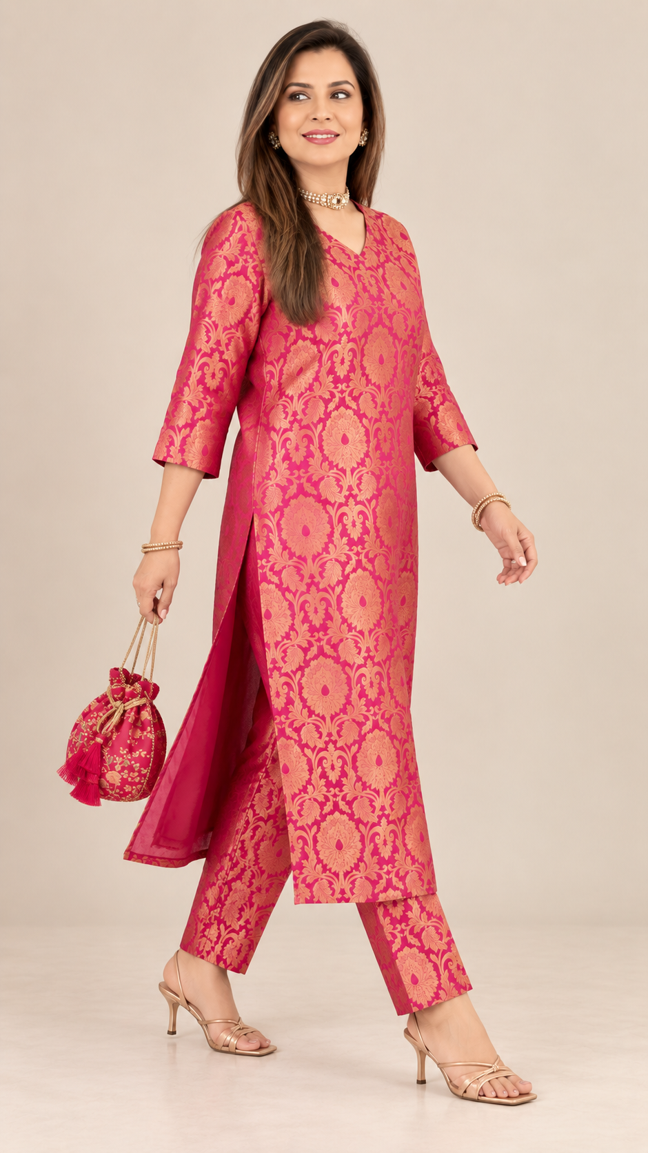 Rani Pink Benarasi Brocade Kurta Set