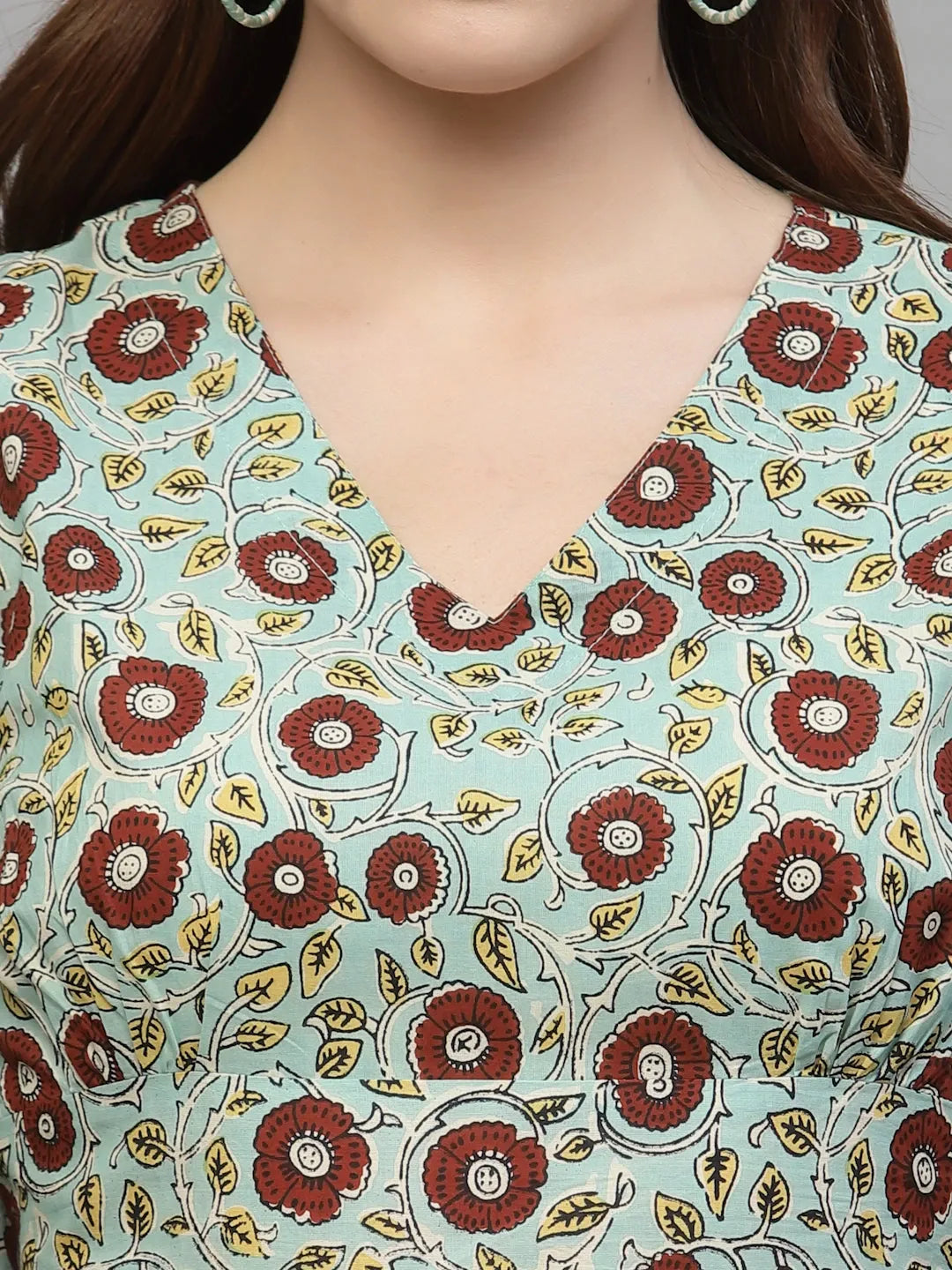 Turquoise-Blue-Rayon-Floral-Cotton-Printed-Co-Ords-Set