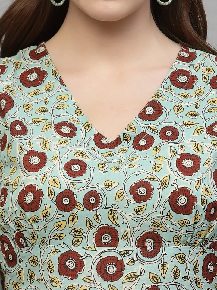 Turquoise-Blue-Rayon-Floral-Cotton-Printed-Co-Ords-Set