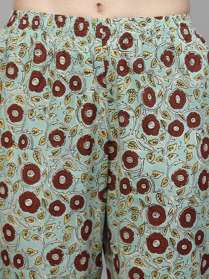 Turquoise-Blue-Rayon-Floral-Cotton-Printed-Co-Ords-Set