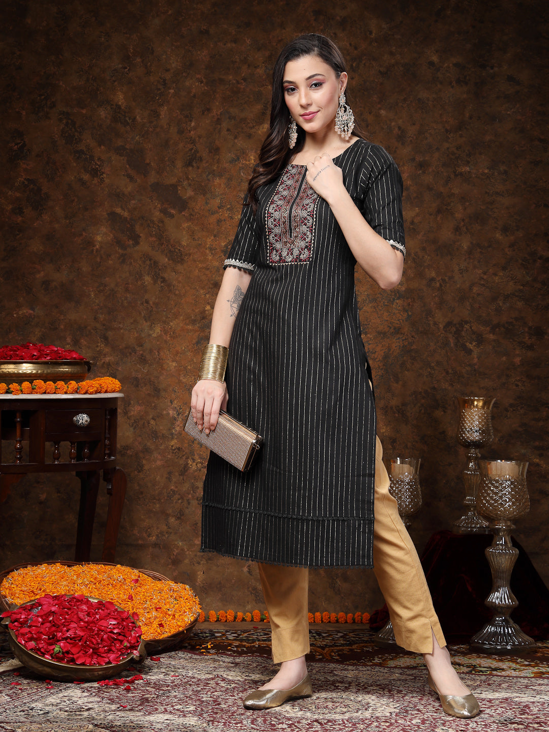 Black-Cotton-Embroidered-Lurex-Straight-Kurta-Only