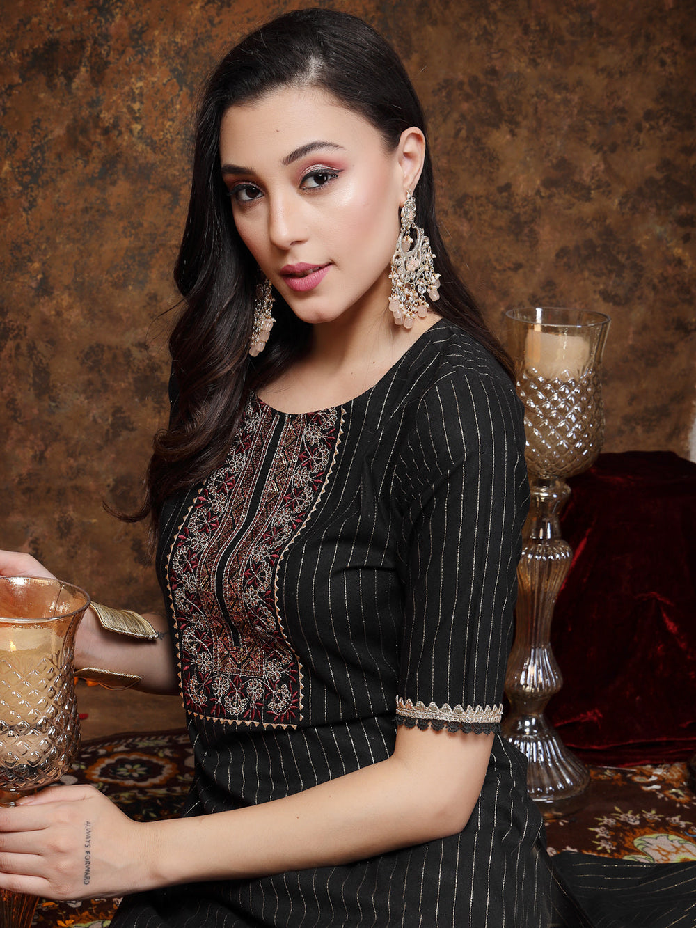 Black-Cotton-Embroidered-Lurex-Straight-Kurta-Only