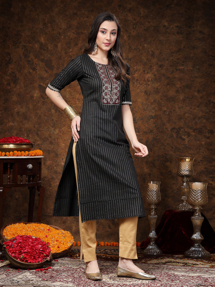 Black-Cotton-Embroidered-Lurex-Straight-Kurta-Only