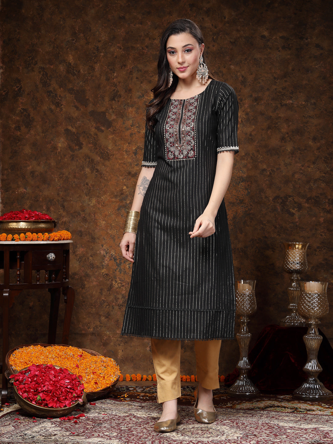 Black-Cotton-Embroidered-Lurex-Straight-Kurta-Only