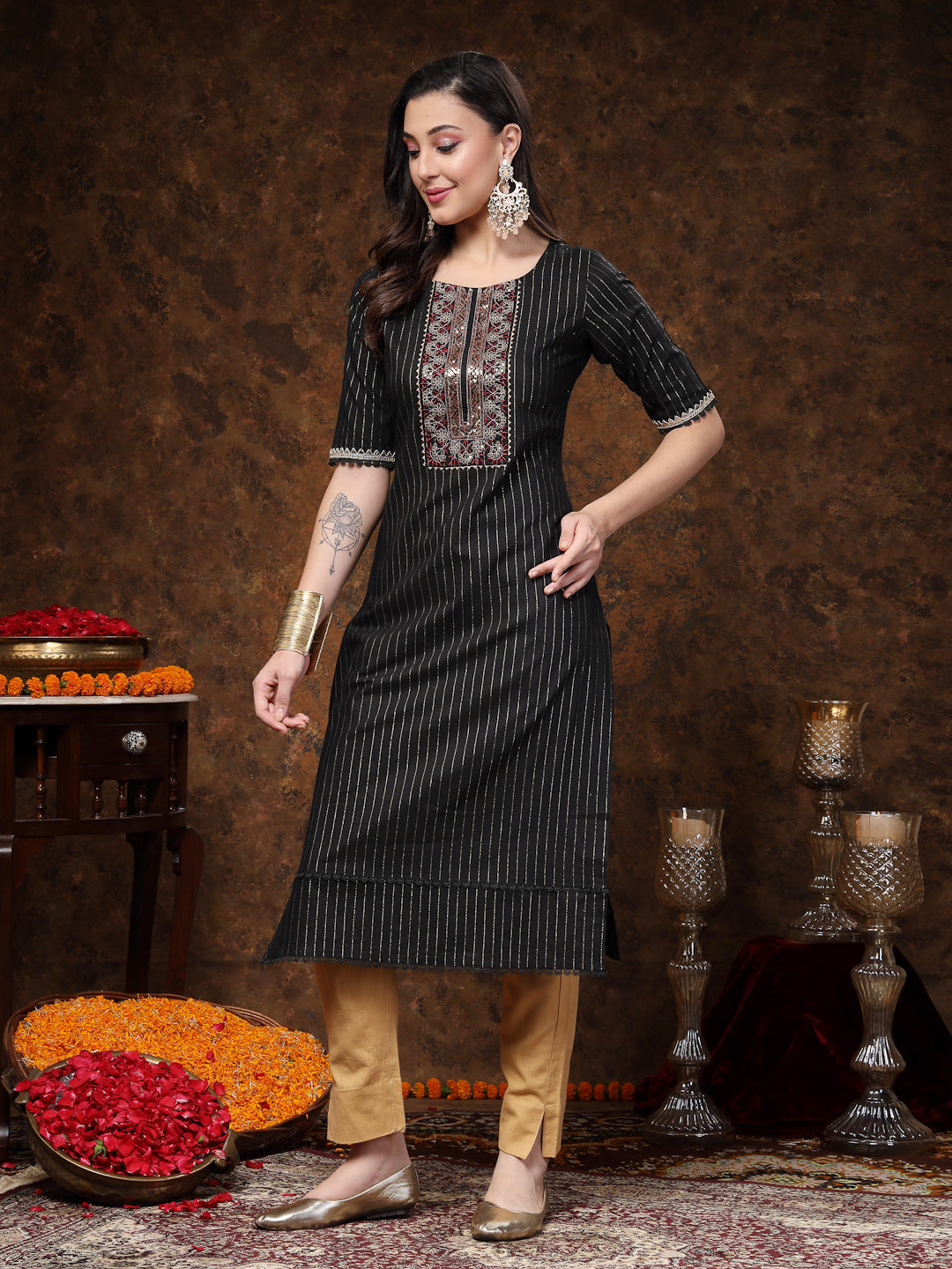 Black-Cotton-Embroidered-Lurex-Straight-Kurta-Only