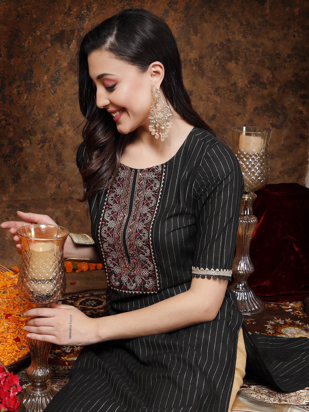 Black-Cotton-Embroidered-Lurex-Straight-Kurta-Only