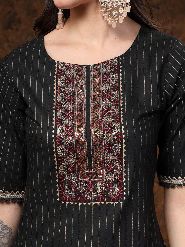 Black-Cotton-Embroidered-Lurex-Straight-Kurta-Only