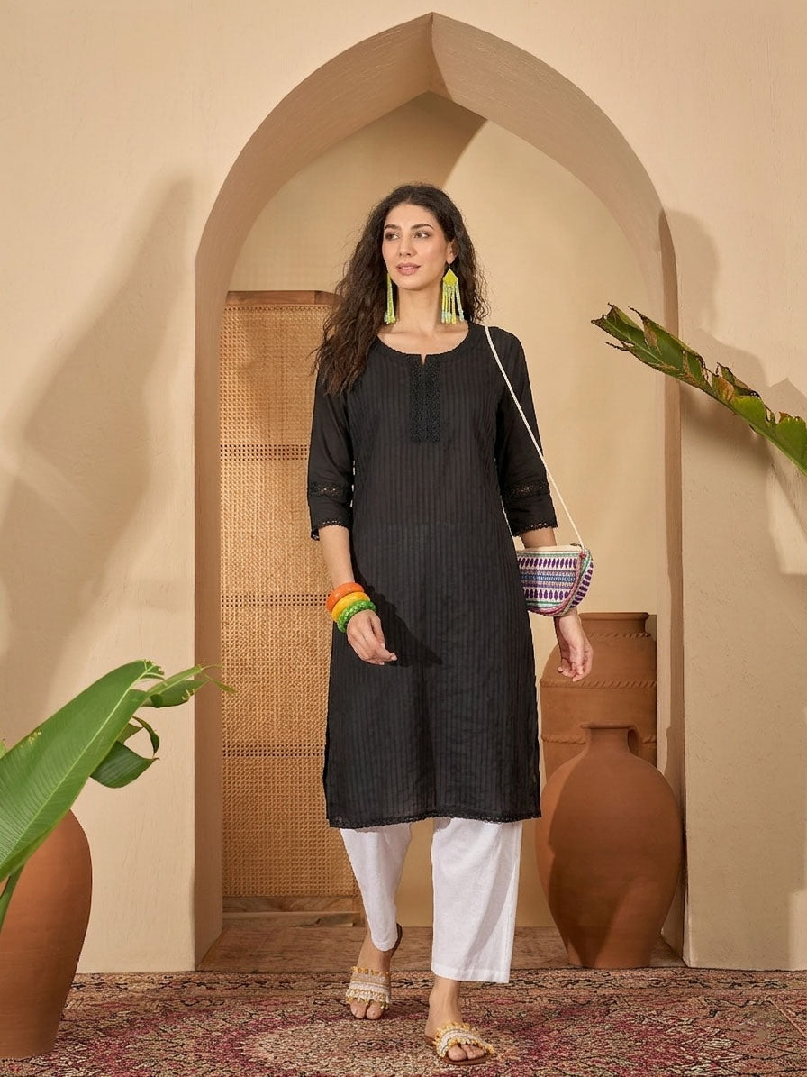 Black Solid Rayon Straight Kurta