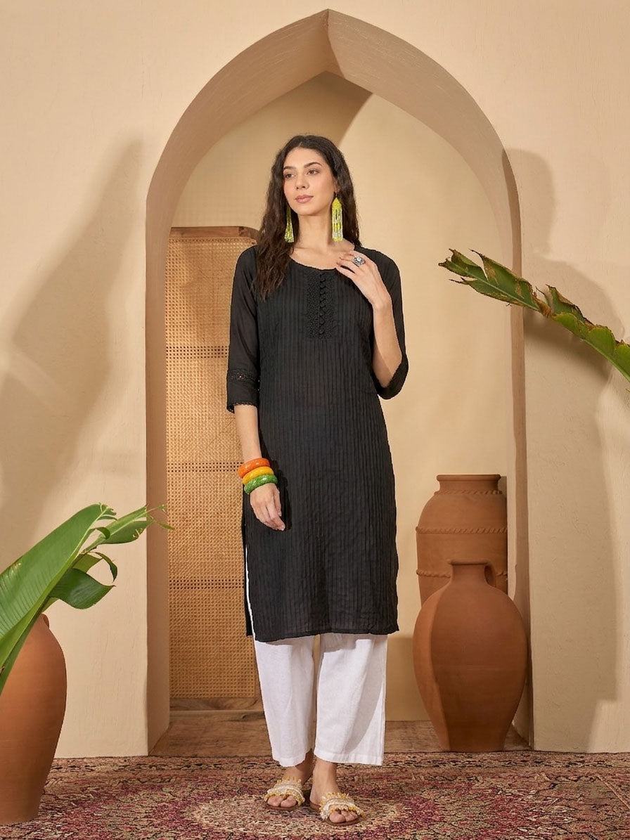 Black Solid Rayon Straight Kurta
