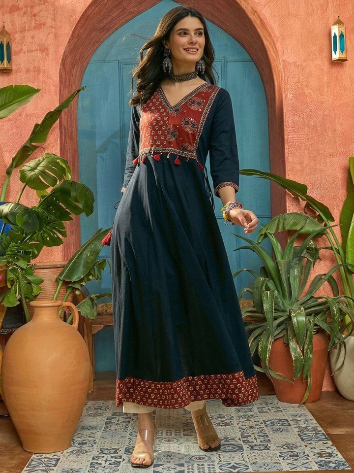 Blue Solid Cotton Flared Kurta
