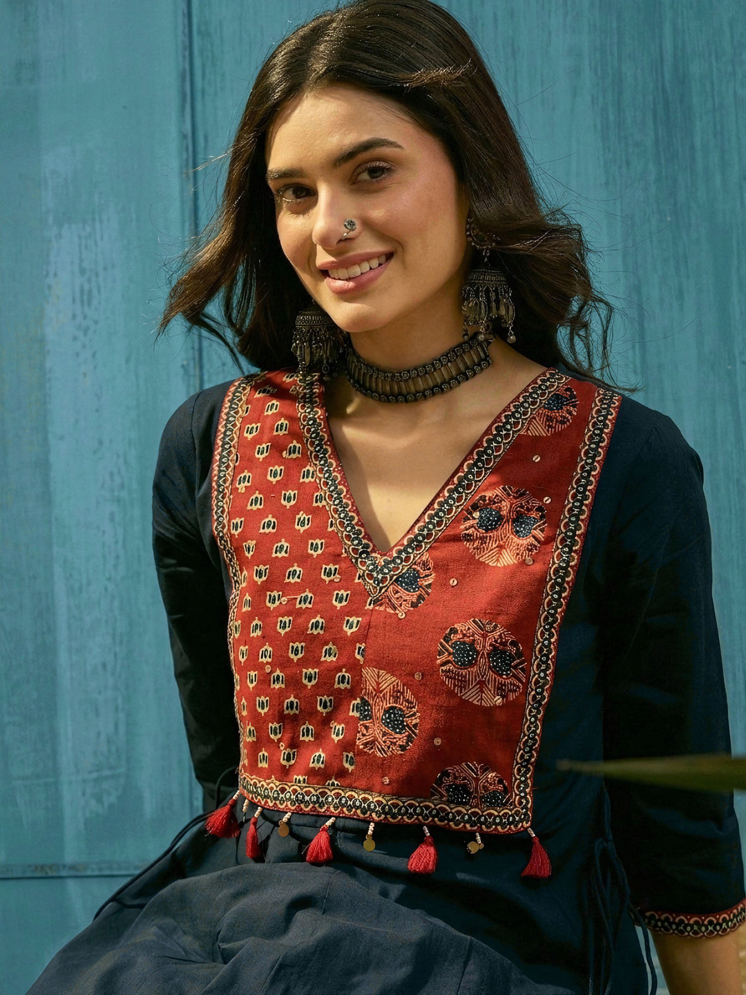 Blue Solid Cotton Flared Kurta