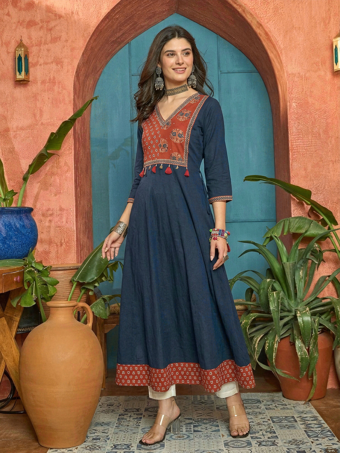 Blue Solid Cotton Flared Kurta