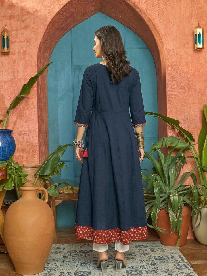 Blue Solid Cotton Flared Kurta
