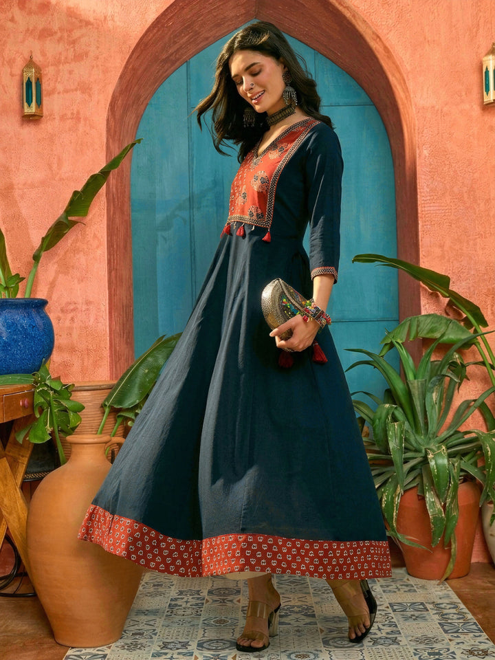 Blue Solid Cotton Flared Kurta