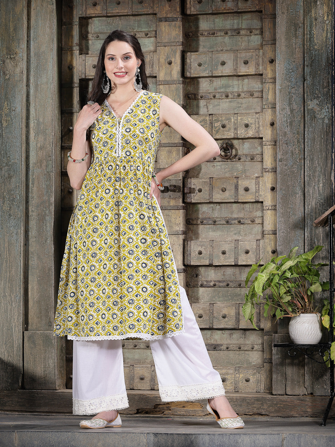 Yellow-Cotton-Printed-Pleated-Kurta-Only
