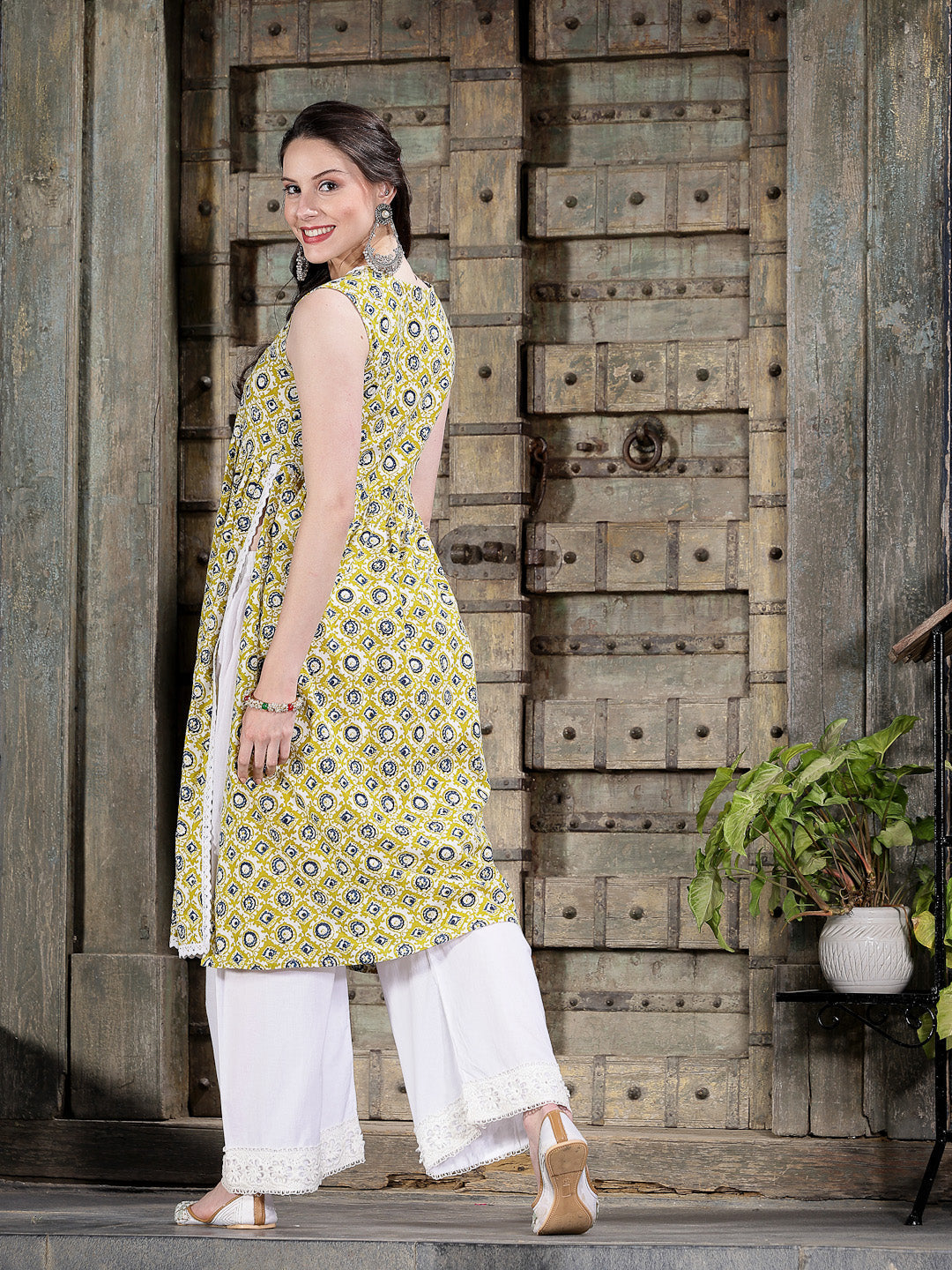Yellow-Cotton-Printed-Pleated-Kurta-Only