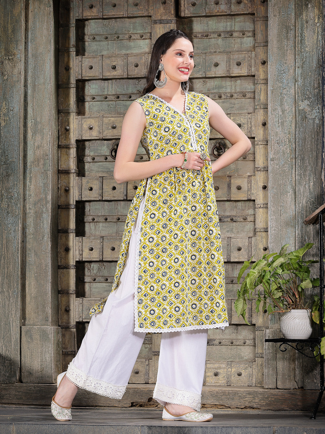 Yellow-Cotton-Printed-Pleated-Kurta-Only