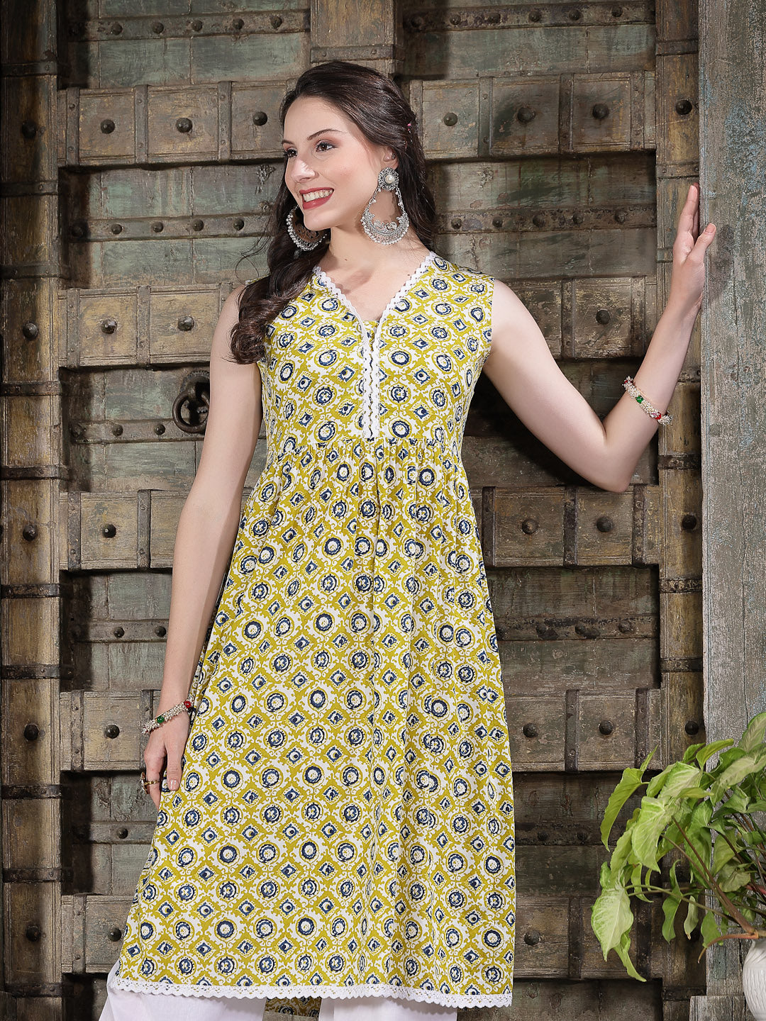 Yellow-Cotton-Printed-Pleated-Kurta-Only