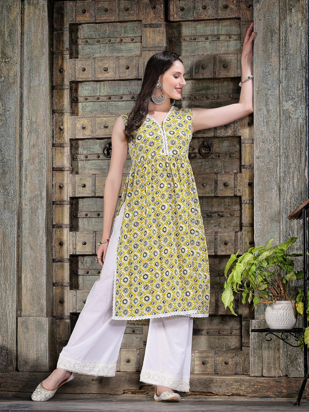 Yellow-Cotton-Printed-Pleated-Kurta-Only