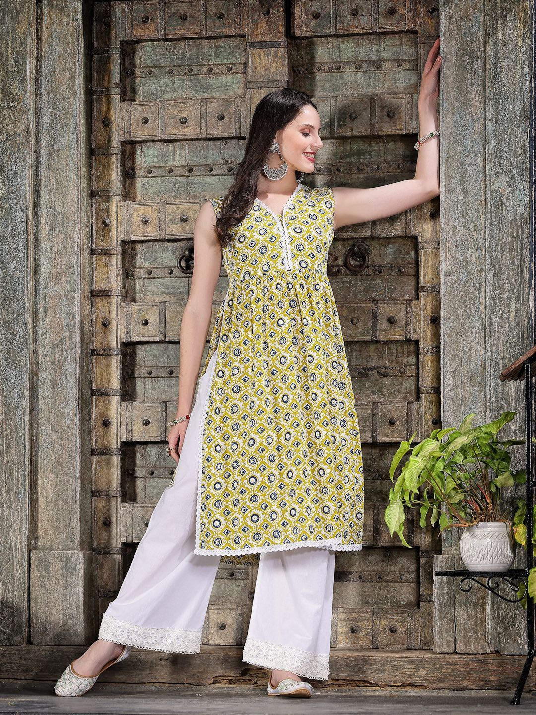 Yellow-Cotton-Printed-Pleated-Kurta-Only