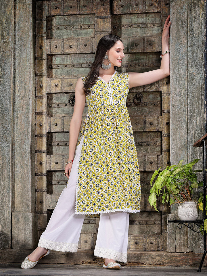 Yellow-Cotton-Printed-Pleated-Kurta-Only