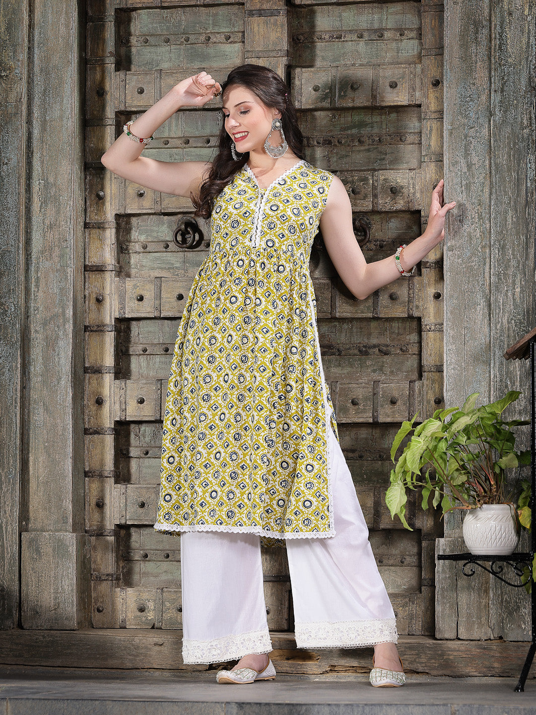 Yellow-Cotton-Printed-Pleated-Kurta-Only
