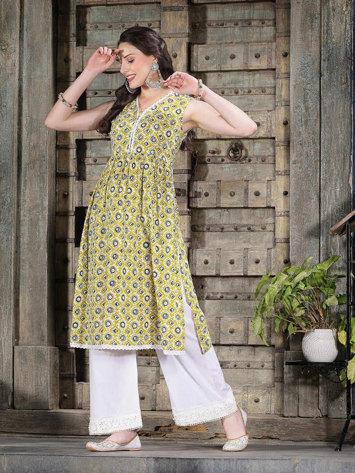 Yellow-Cotton-Printed-Pleated-Kurta-Only