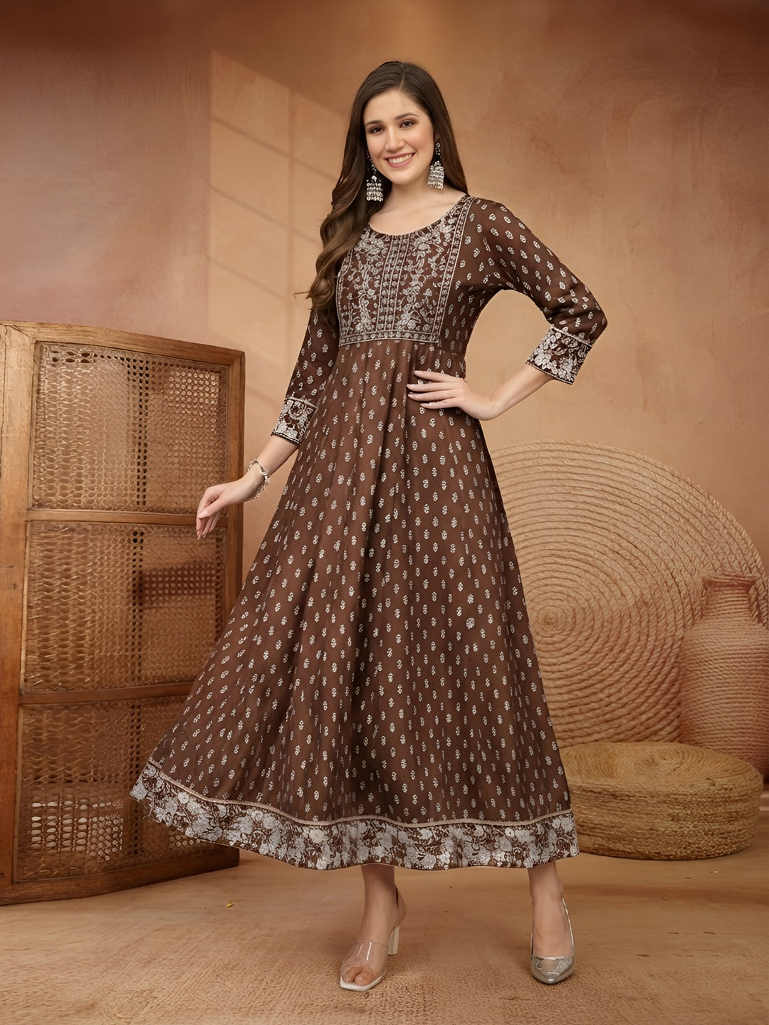Stylum Women Brown Ethnic Motifs Printed & Embroidered Rayon Long Ethnic Dress
