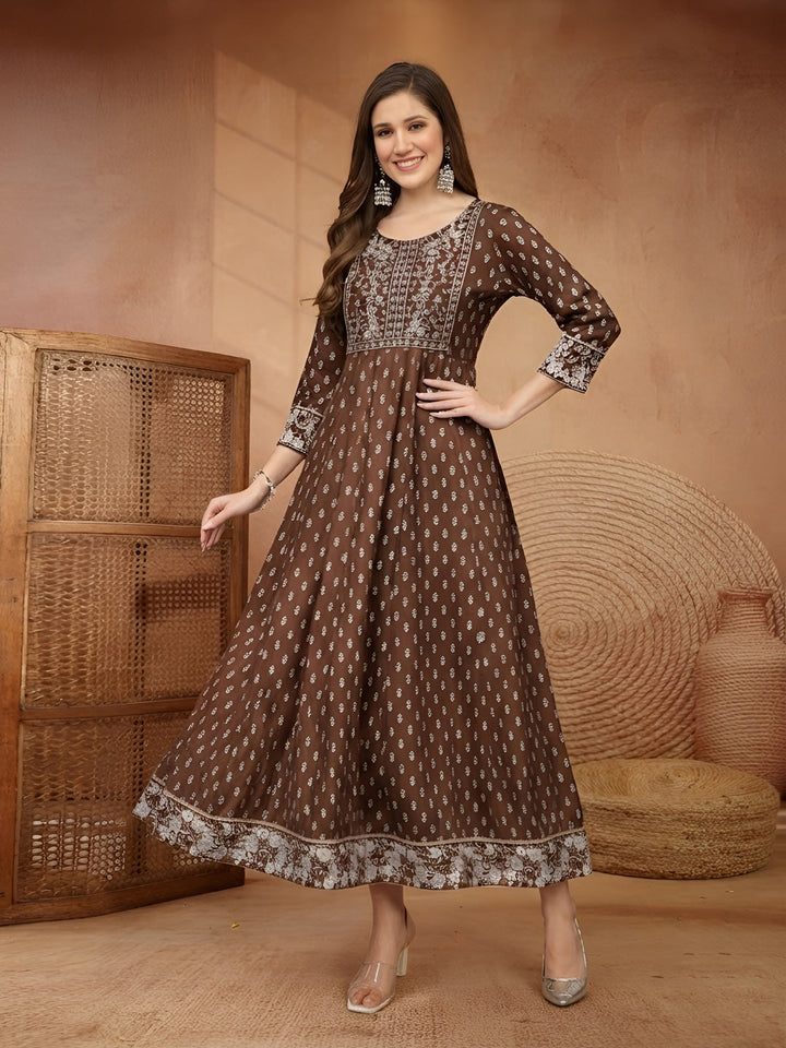 Stylum Women Brown Ethnic Motifs Printed & Embroidered Rayon Long Ethnic Dress