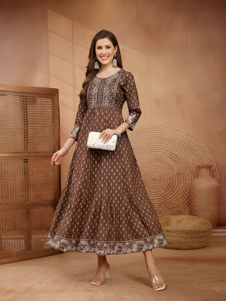 Stylum Women Brown Ethnic Motifs Printed & Embroidered Rayon Long Ethnic Dress